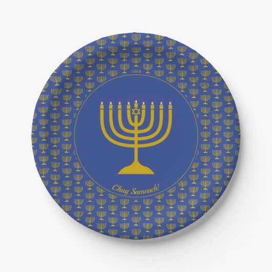 Mid Blue Hanukkah  MENORAH Papieren Bordje (Voorkant)