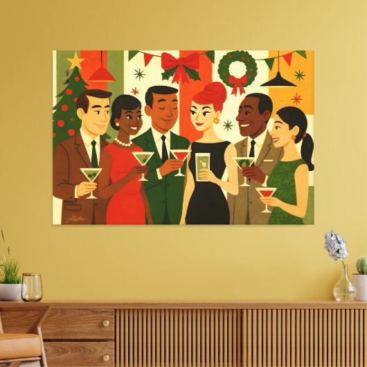 Mid Century 60s Christmas Office Cocktail Party Canvas Afdruk (Insitu (Woonkamer))