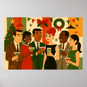 Mid Century 60s Kerst Kantoor Cocktail Party Poster