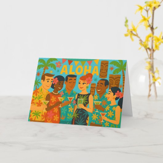 Mid Century 60s Luau Kantoor Cocktail Party Kaart (Gele Bloem)