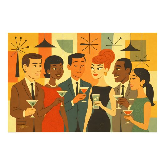 Mid Century 60s Office Cocktail Party Foto Afdruk (Voorkant)