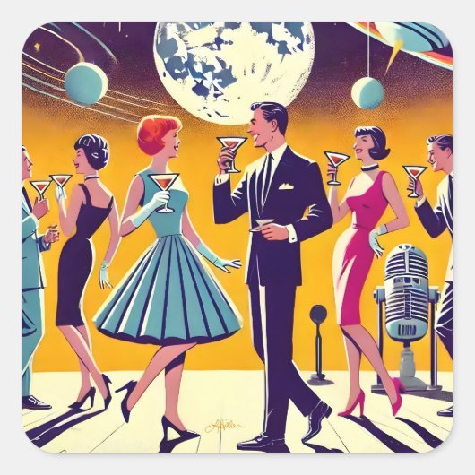 Mid Century 60s Space Age Cocktail Party Vierkante Sticker (Voorkant)