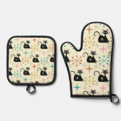 Mid Century Atomic Cat with Starbursts  Ovenwant & Pannenlap Set (Voorkant)