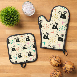 Mid Century Atomic Cat with Starbursts  Ovenwant & Pannenlap Set