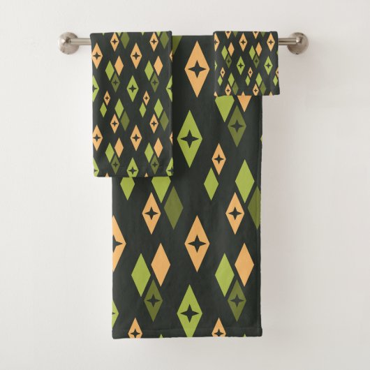 Mid Century Atomic Diamonds Pattern Groen Sinaasap Bad Handdoek (Insitu)