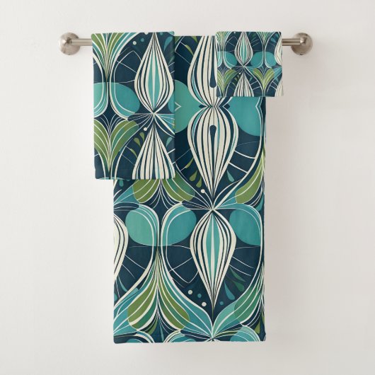Mid Century Atomic Drops Blue Green Pattern Bad Handdoek (Insitu)