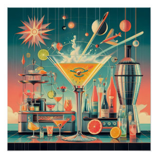 Mid Century Atomic Futuristic Citrus Martini Bar Perfect Poster