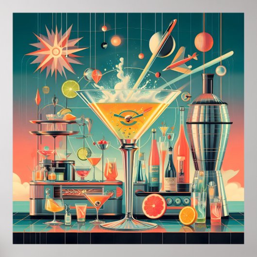 Mid Century Atomic Futuristic Citrus Martini Bar Poster (Voorkant)