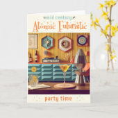 Mid Century Atomic Retro Futuristic Party Room Kaart (Gele Bloem)