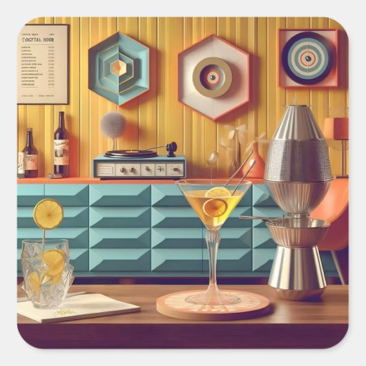Mid Century Atomic Retro Futuristic Party Room Vierkante Sticker (Voorkant)