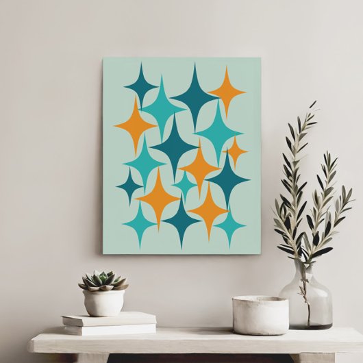Mid Century Atomic Starburst Blauwgroen, Aqua, Sin Canvas Afdruk