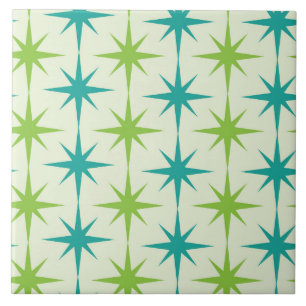 Mid Century Atomic Starbursts Groen en Blauwgroen Tegeltje