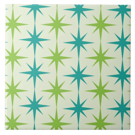Mid Century Atomic Starbursts Groen en Blauwgroen Tegeltje (Voorkant)
