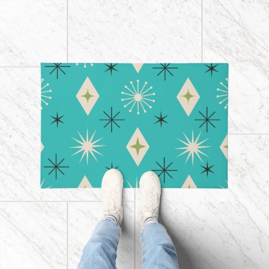 Mid Century Atomic Stars with diamonds on Teal  Deurmat (Binnen)