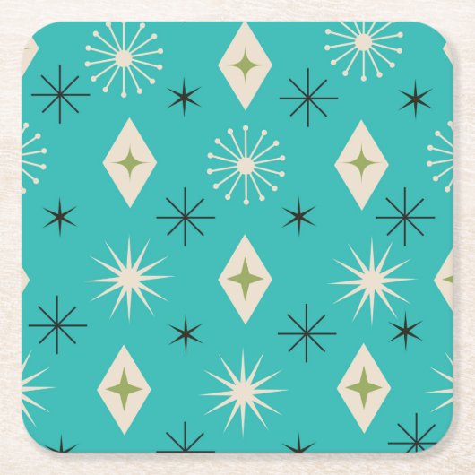 Mid Century Atomic Stars with diamonds on Teal Kartonnen Onderzetters (Voorkant)