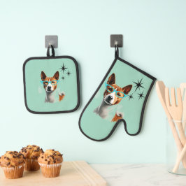 Mid-Century Basenji Dog Ovenwant & Pannenlap Set