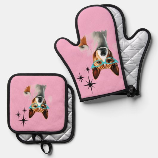 Mid-Century Basenji Dog Ovenwant & Pannenlap Set (Voorkant / Achterkant)