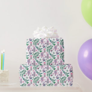 Mid Century Birds and Flowers Patroon Paarse vogel Cadeaupapier