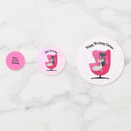 Mid Century Birthday Katten Roze Stoel Polka Dots Confetti (Voorkanten)