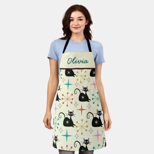 Mid Century Black Atomic Cat en Starbursts Naam Schort (Gedragen)