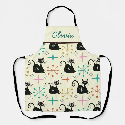 Mid Century Black Atomic Cat en Starbursts Naam Schort (Voorkant)