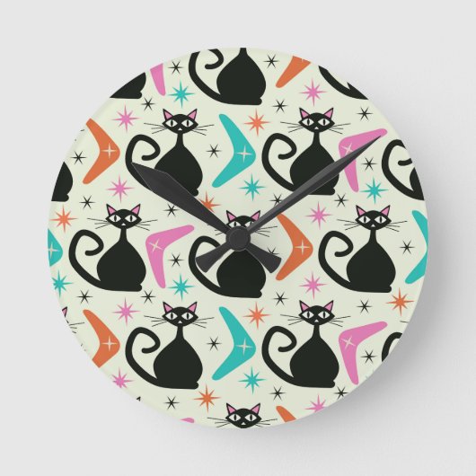 Mid Century Black Atomic Cats with Boomerangs Ronde Klok (Voorkant)