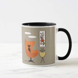 Mid Century Black Cat in een Oranje eierstoel Mok