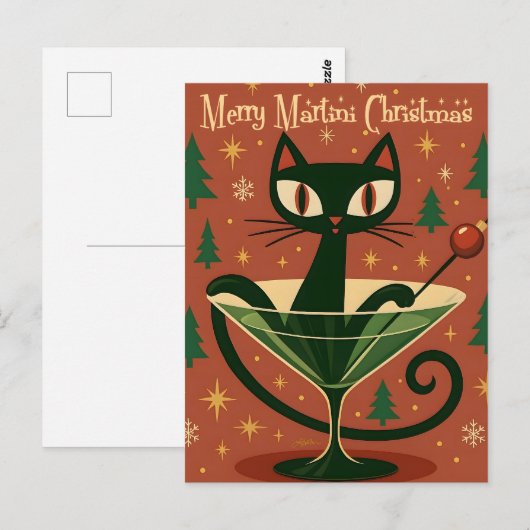 Mid Century Black Cat Merry Martini Christmas Briefkaart (Voorkant / Achterkant)