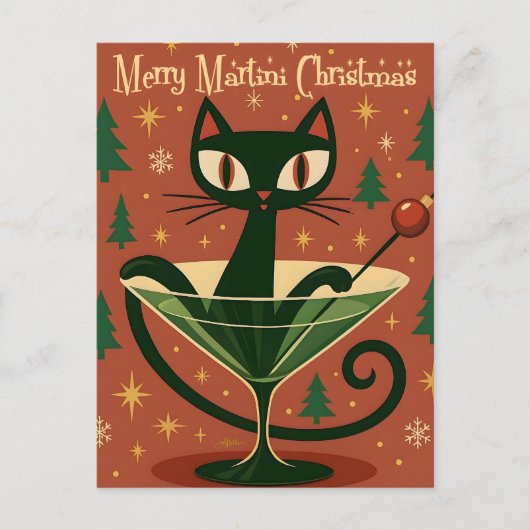 Mid Century Black Cat Merry Martini Christmas Briefkaart (Voorkant)