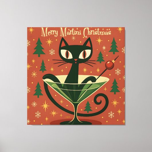Mid Century Black Cat Merry Martini Christmas Canvas Afdruk (Voorkant)