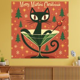 Mid Century Black Cat Merry Martini Christmas Canvas Afdruk