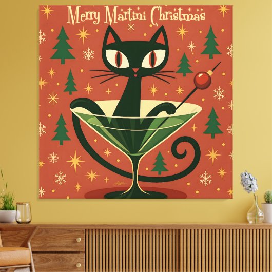 Mid Century Black Cat Merry Martini Christmas Canvas Afdruk (Insitu (Woonkamer))