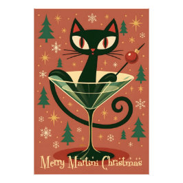 Mid Century Black Cat Merry Martini Christmas Foto Afdruk