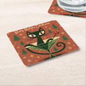 Mid Century Black Cat Merry Martini Christmas Kartonnen Onderzetters (Schuin)
