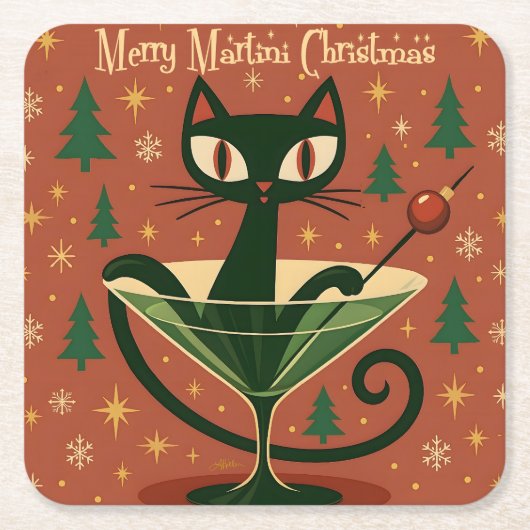 Mid Century Black Cat Merry Martini Christmas Kartonnen Onderzetters (Voorkant)