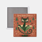 Mid Century Black Cat Merry Martini Christmas Magneet (Voorkant / Achterkant)