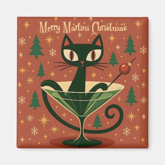 Mid Century Black Cat Merry Martini Christmas Magneet (Voorkant)