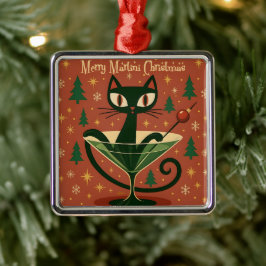 Mid Century Black Cat Merry Martini Christmas Metalen Ornament