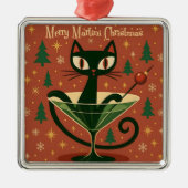 Mid Century Black Cat Merry Martini Christmas Metalen Ornament (Voorkant)