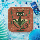 Mid Century Black Cat Merry Martini Christmas Papieren Bordje (Feest)