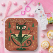 Mid Century Black Cat Merry Martini Christmas Papieren Bordje (Feest)