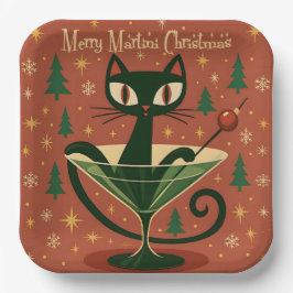 Mid Century Black Cat Merry Martini Christmas Papieren Bordje