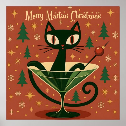 Mid Century Black Cat Merry Martini Christmas Poster (Voorkant)