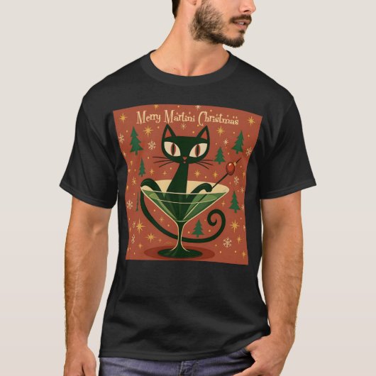 Mid Century Black Cat Merry Martini Christmas T-shirt (Voorkant)