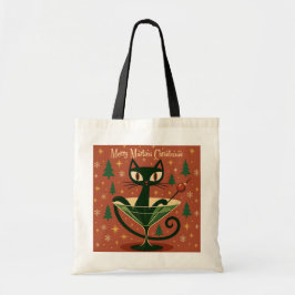 Mid Century Black Cat Merry Martini Christmas Tote Bag