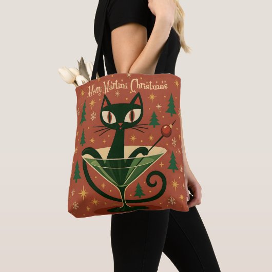 Mid Century Black Cat Merry Martini Christmas Tote Bag (Dichtbij)