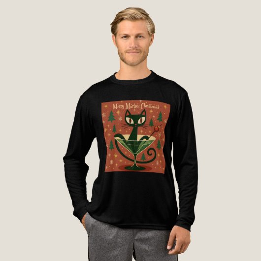 Mid Century Black Cat Merry Martini Christmas Tri-Blend Shirt (Voorkant)