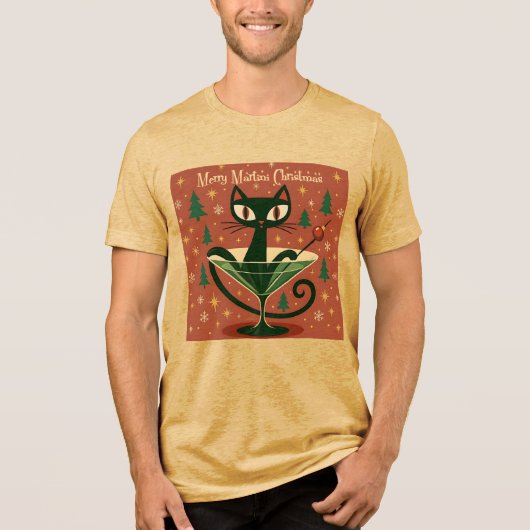 Mid Century Black Cat Merry Martini Christmas Tri-Blend Shirt (Voorkant)