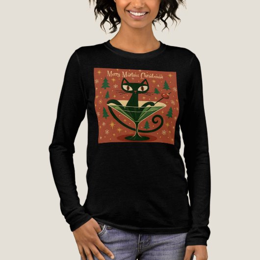 Mid Century Black Cat Merry Martini Christmas Tri-Blend Shirt (Voorkant)