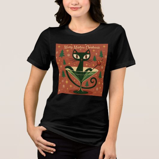 Mid Century Black Cat Merry Martini Christmas Tri-Blend Shirt (Voorkant)